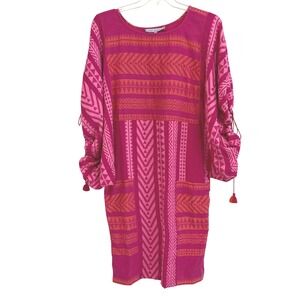 Just Bellina Fuchsia Geometric Cotton Dolman Sleeve Tassel Shift Dress Womens M
